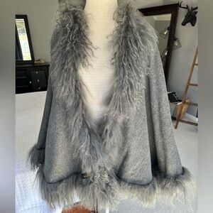 Cashmere and fur trimmed wrap poncho, one size NWT